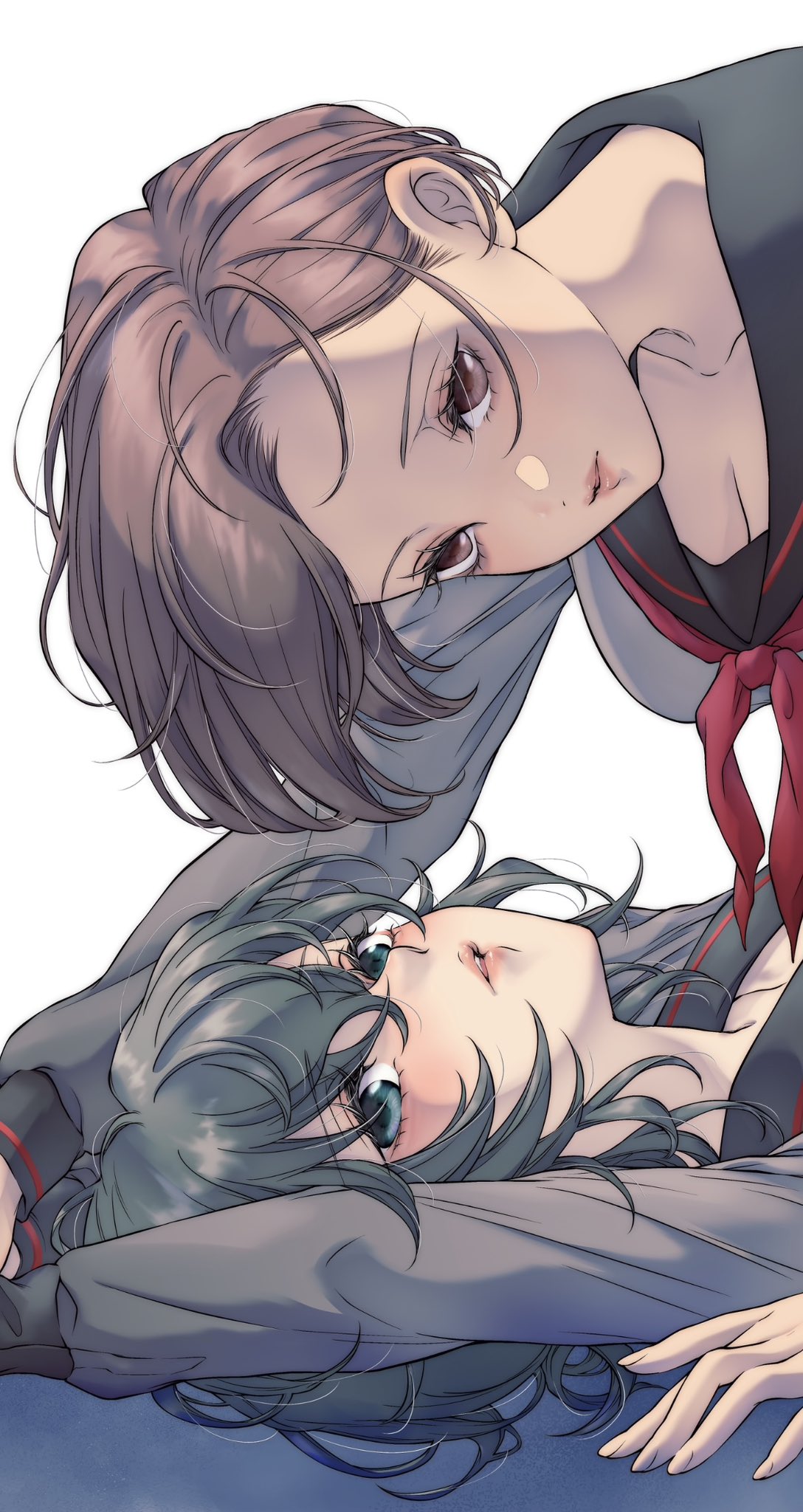 iwami kiyoko, asahina yuni, natsume nanase, kyou wa kanojo ga inai kara, commentary request, highres, 2girls, aqua eyes, arms up, black sailor collar, breasts, brown hair, cleavage, eyelashes, girl on top, grey hair, grey shirt, long hair, long sleeves, looking at viewer, multiple girls, neckerchief, parted lips, red eyes, red lips, red neckerchief, sailor collar, sailor shirt, school uniform, shirt, short hair, simple background, white background, yuri