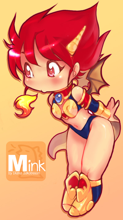 diana jakobsson, studiostrawberri, mink (dragon half), dragon half, 1girl, character name, chibi, dragon tail, female focus, horns, red eyes, red hair, solo, tail, wings