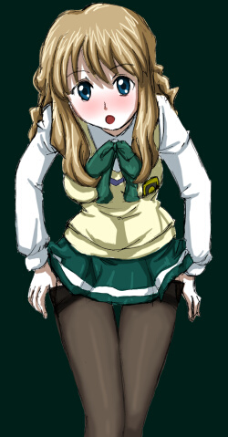 minato (zegapain), zegapain, lowres, 00s, blue eyes, blush, clothes pull, long hair, panties, panty pull, pantyhose, pantyhose pull, school uniform, serafuku, solo, sweater, underwear