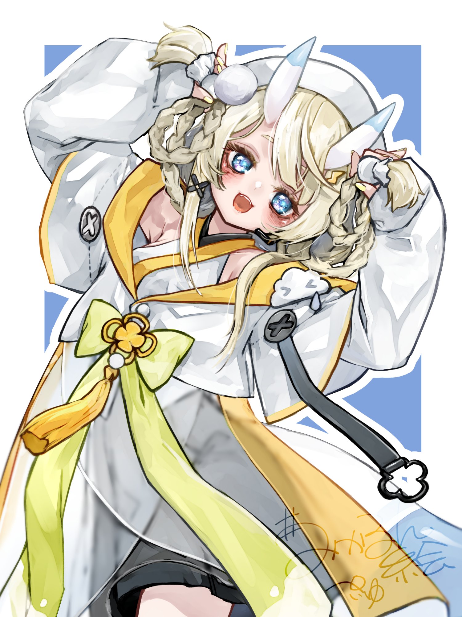 kadou mikaru, nijisanji, highres, 1girl, arched back, arms up, bare shoulders, black skirt, blonde hair, blue background, blue eyes, blue horns, blue tail, blush, border, braid, coat, coat partially removed, cowboy shot, fangs, flower knot, hair lift, hair ornament, hair over shoulder, hakama, hakama skirt, hat, headset, holding, holding own hair, horns, japanese clothes, kimono, layered sleeves, lightning bolt, lightning bolt hair ornament, lightning bolt symbol, long sleeves, looking at viewer, low twin braids, miniskirt, multicolored horns, nail polish, open mouth, outline, peiyutwitt, pom pom (clothes), pom pom hair ornament, puffy long sleeves, puffy sleeves, ribbon, screw, see-through clothes, short over long sleeves, short sleeves, sidelocks, simple background, skirt, solo, standing, tassel, teruterubouzu, twin braids, two-tone horns, two-tone tail, virtual youtuber, watermark, white border, white coat, white hat, white horns, white kimono, white outline, white tail, x hair ornament, yellow nails, yellow ribbon, yellow trim