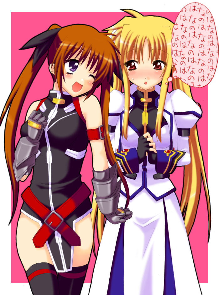 saki chisuzu, fate testarossa, fate testarossa (true sonic form), takamachi nanoha, takamachi nanoha (exceed mode), lyrical nanoha, mahou shoujo lyrical nanoha, mahou shoujo lyrical nanoha strikers, uniform, translated, 2girls, arm belt, belt, blonde hair, blush, brown hair, cosplay, costume switch, fingerless gloves, gauntlets, gloves, jacket, long hair, magical girl, multiple girls, one eye closed, open clothes, open jacket, purple eyes, red eyes, red hair, thighhighs, twintails, very long hair, wink