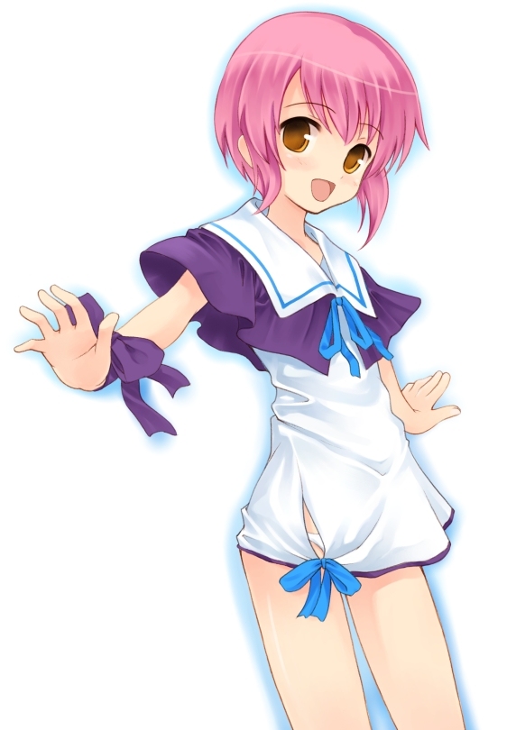 kurasuke, kousaka maria, suigetsu, 1girl, female focus, flat chest, loli, open mouth, orange eyes, outstretched arms, panties, pink hair, school uniform, serafuku, short hair, simple background, smile, solo, spread arms, standing, underwear