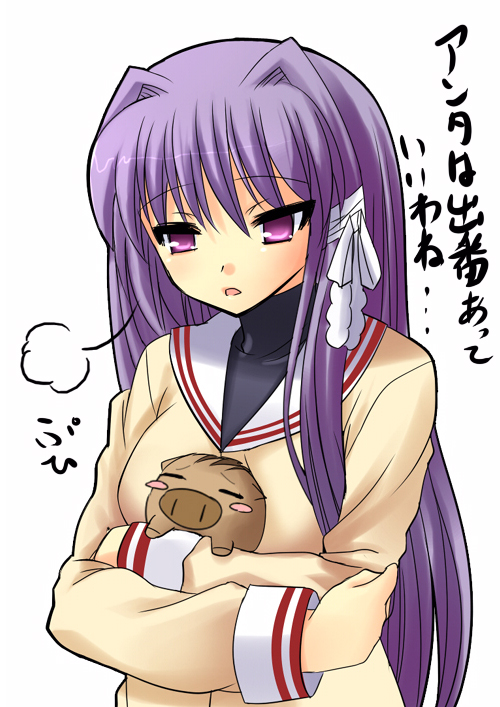 yukizuki chikuba, botan (clannad), fujibayashi kyou, clannad, translation request, 00s, boar, long hair, pig, school uniform, serafuku, solo