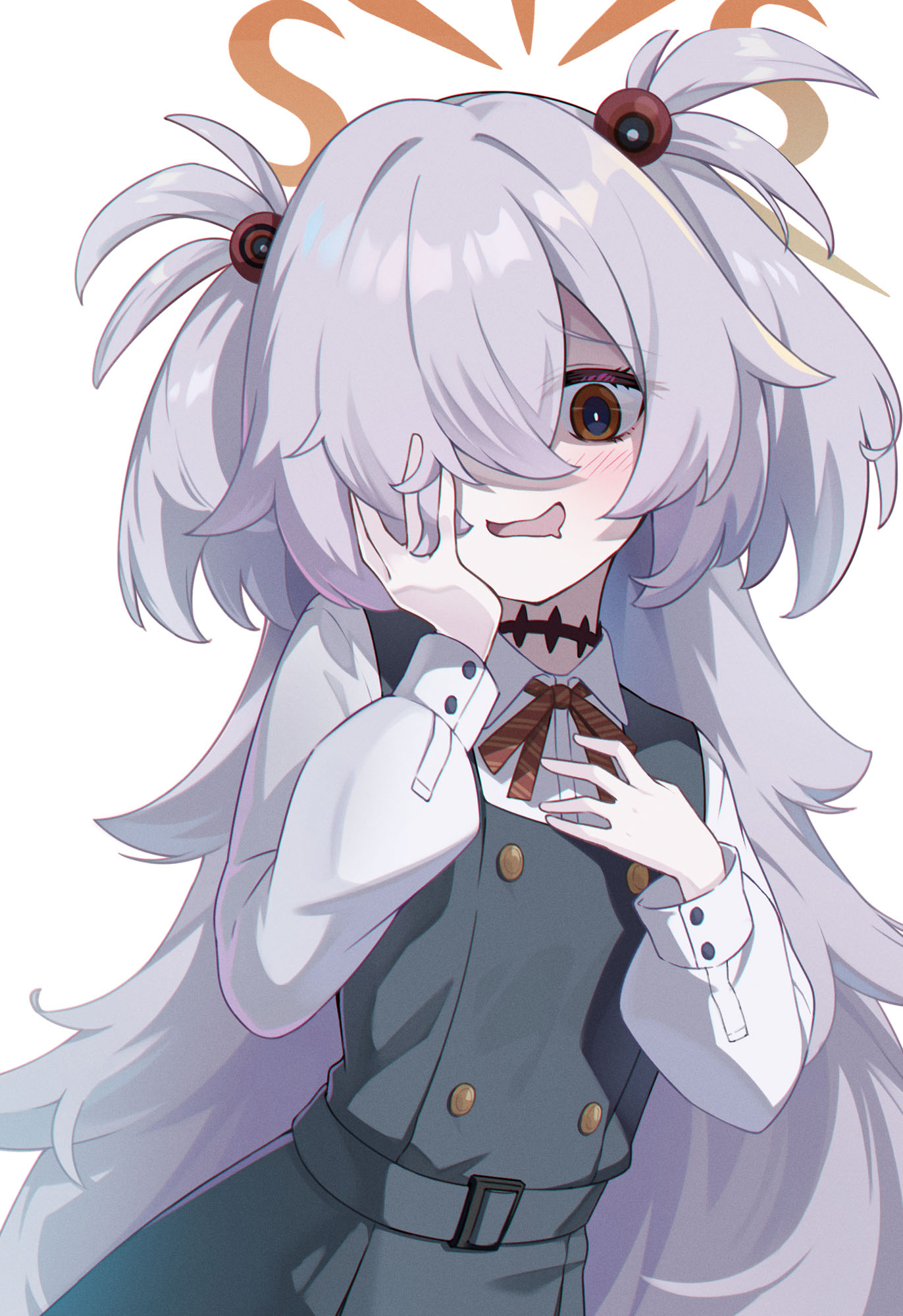 shinori (efvbji6264), kanoe (blue archive), blue archive, highres, 1girl, black dress, brown eyes, brown halo, dress, grey hair, halo, long hair, looking at viewer, open mouth, pinafore dress, shaded face, sleeveless, sleeveless dress, solo, two side up, very long hair