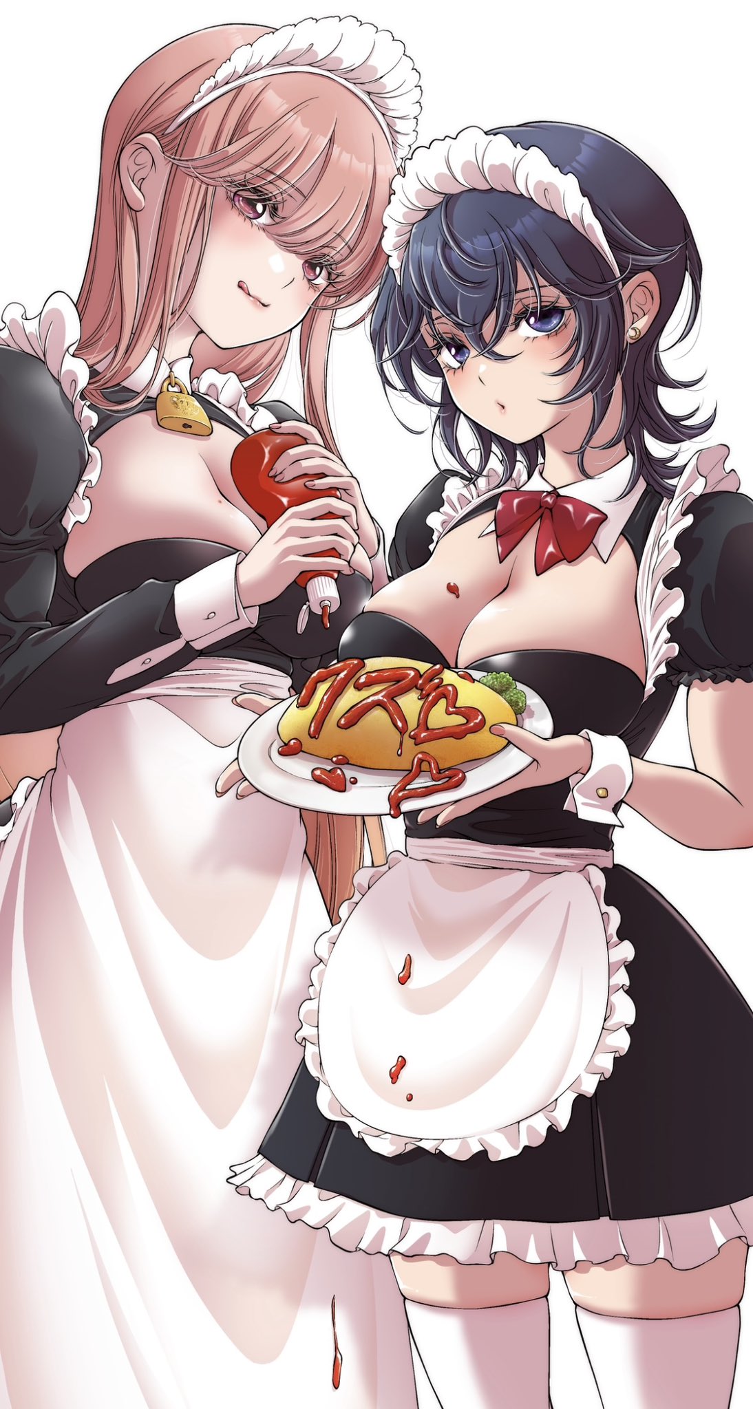 iwami kiyoko, asahina yuni, taki fuuko, kyou wa kanojo ga inai kara, commentary request, highres, 2girls, apron, arms up, bell, black dress, black hair, bow, bowtie, breasts, cleavage cutout, closed mouth, clothing cutout, collared dress, cowboy shot, crescent, crescent earrings, dress, earrings, eyelashes, food, food on body, frilled apron, frills, hair between eyes, holding, holding plate, jewelry, ketchup, large breasts, licking lips, long bangs, long hair, long sleeves, looking at viewer, maid, maid headdress, multiple girls, neck bell, omelet, omurice, pink eyes, pink hair, plate, red bow, red bowtie, short sleeves, simple background, standing, straight hair, swept bangs, thighhighs, tongue, tongue out, waist apron, white apron, white background, white thighhighs, wing collar, wolf cut, zettai ryouiki