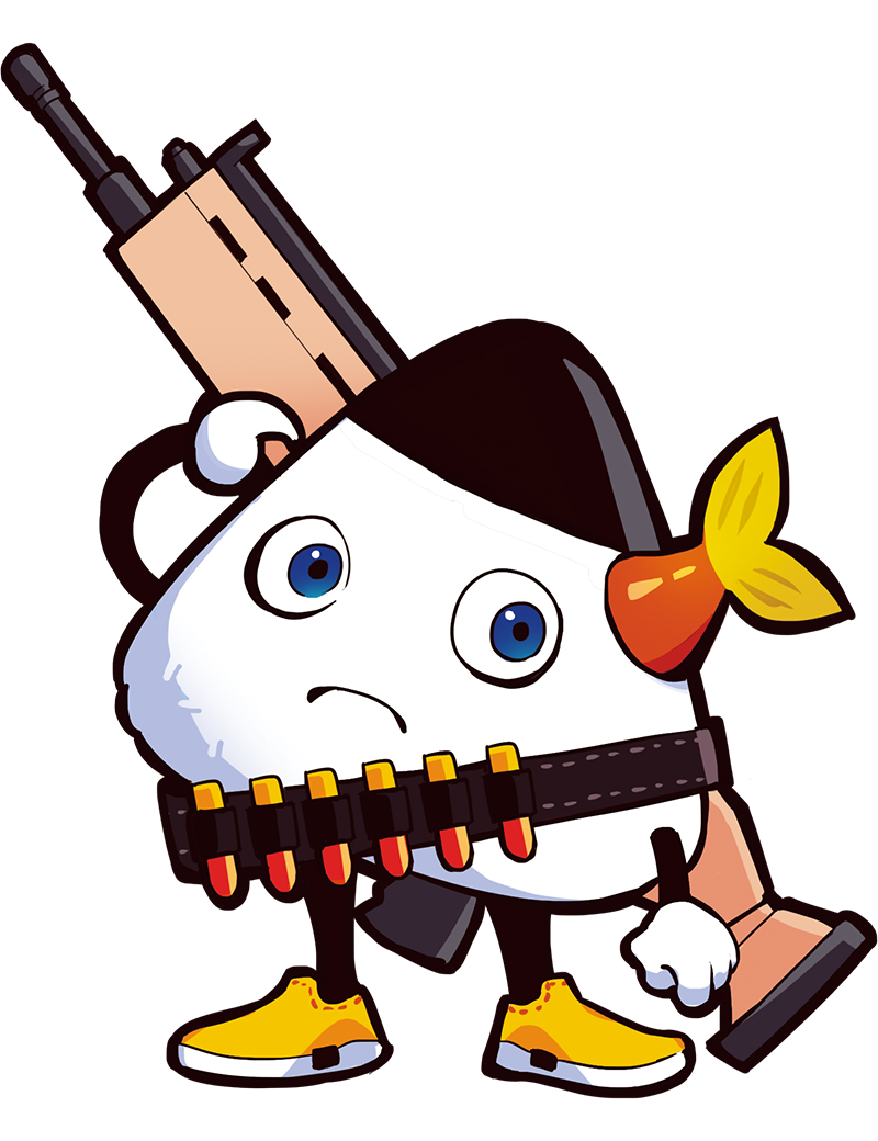 puppeteer7777, crazy raccoon, official art, second-party source, weapon request, ammunition, anime coloring, belt, black belt, blue eyes, facing viewer, fins, fish tail, food, food focus, frown, full body, gloves, gradient eyes, gun, legs apart, looking at viewer, multicolored eyes, onigiri, rizart, shell casing, slip-on shoes, solo, standing, tachi-e, tail, thick lineart, transparent background, utility belt, weapon, white gloves, yellow tail