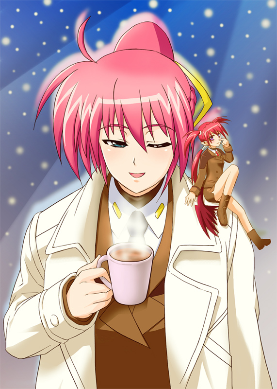 agito, agito (nanoha), signum, lyrical nanoha, mahou shoujo lyrical nanoha, mahou shoujo lyrical nanoha strikers, 00s, 2girls, coat, coffee, military, military uniform, mini person, minigirl, multiple girls, one eye closed, snow, snowing, wink