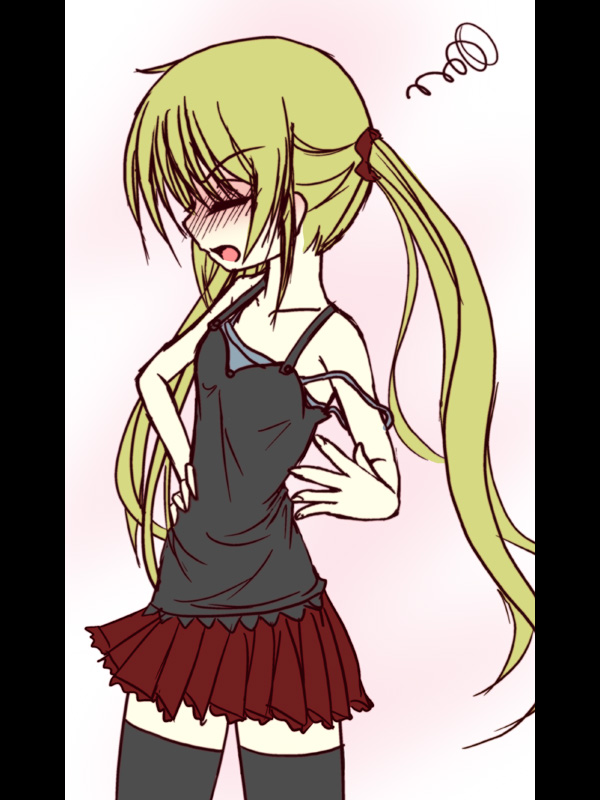 frapowa, sanzen'in nagi, hayate no gotoku!, 00s, 1girl, black thighhighs, blonde hair, blush, cowboy shot, female focus, hand on own hip, long hair, pillarboxed, pleated skirt, red skirt, skirt, solo, squiggle, strap slip, thighhighs, twintails