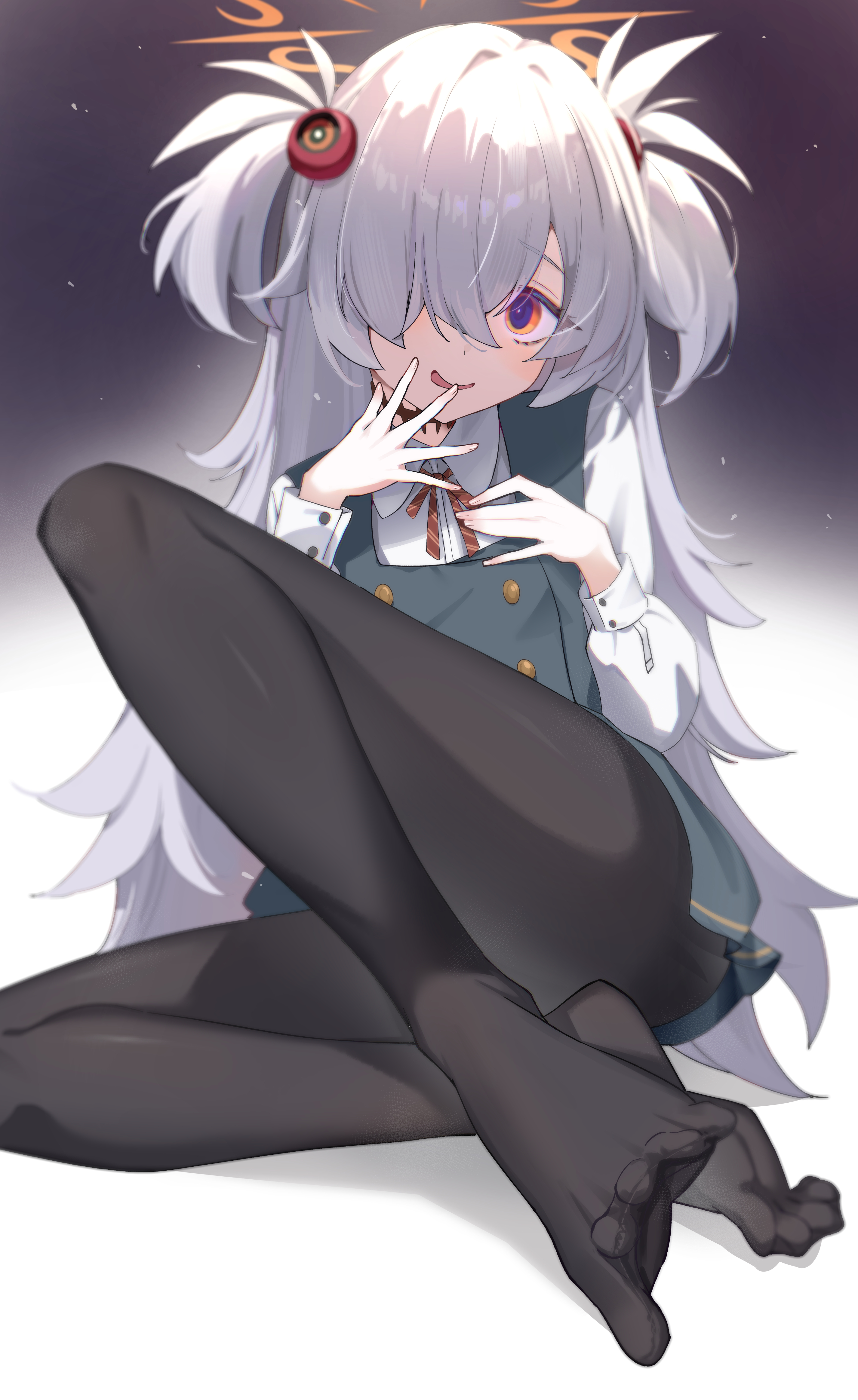 kakumayu, kanoe (blue archive), blue archive, absurdres, commentary request, highres, 1girl, black pantyhose, collared shirt, feet, grey hair, hair over one eye, halo, legs, long sleeves, looking at viewer, orange eyes, orange halo, pantyhose, shirt, sitting, solo, toes, two-sided fabric, two side up, white shirt