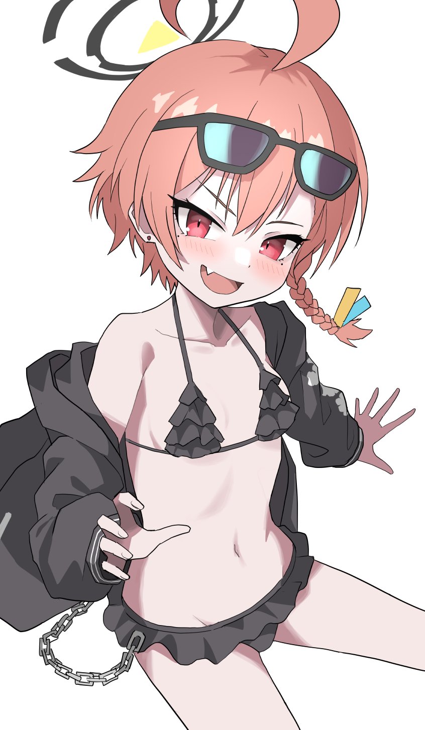 halulu, neru (blue archive), neru (swimsuit) (blue archive), blue archive, highres, 1girl, bikini, bikini skirt, black bikini, black jacket, breasts, eyewear on head, fang, frilled bikini, frills, jacket, looking at viewer, navel, open clothes, open jacket, open mouth, red eyes, small breasts, solo, stomach, sunglasses, swimsuit