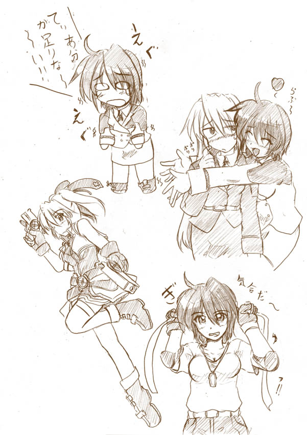 zero point, cross mirage, subaru nakajima, teana lanster, lyrical nanoha, mahou shoujo lyrical nanoha, mahou shoujo lyrical nanoha strikers, translation request, 00s, 2girls, brown theme, dual wielding, gun, holding, monochrome, multiple girls, sketch, thighhighs, weapon