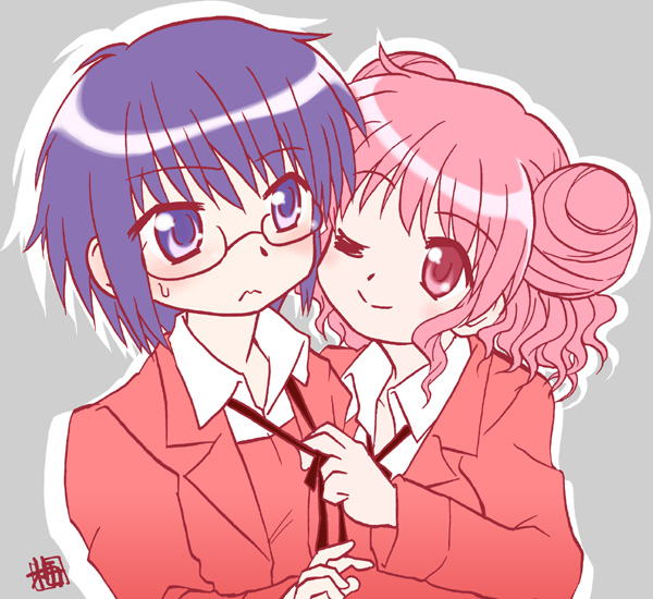 kairakuen umenoka, hiro (hidamari sketch), sae (hidamari sketch), hidamari sketch, 00s, 2girls, blush, glasses, multiple girls, one eye closed, pink eyes, pink hair, purple eyes, purple hair, school uniform, short hair, wink, yamabuki high school uniform, yuri