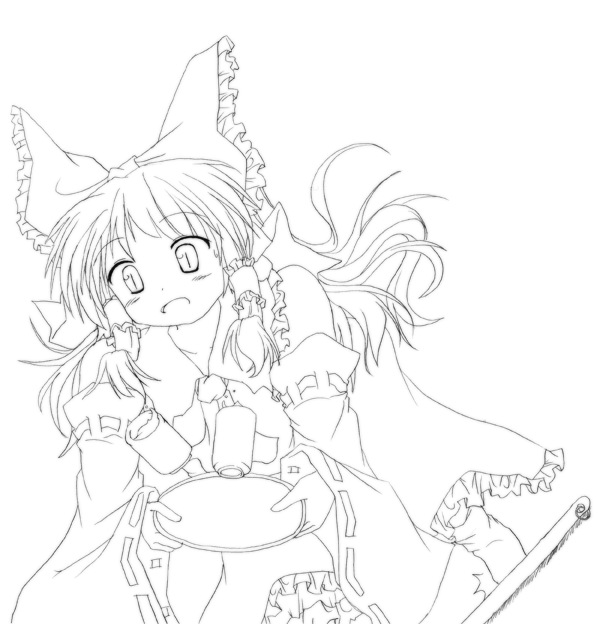 lzh, hakurei reimu, touhou, 1girl, :o, ascot, bow, collar, detached sleeves, dress, female focus, frilled collar, frilled shirt collar, frills, greyscale, hair bow, hair tubes, lineart, long sleeves, monochrome, open mouth, sidelocks, simple background, solo, upper body, white background