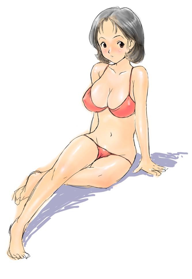 fugetsu taku, mirai yashima, gundam, mobile suit gundam, 1girl, arm support, barefoot, bikini, blush, breasts, cleavage, covered erect nipples, crossed legs, female focus, large breasts, looking at viewer, navel, panties, panty pull, shiny skin, sitting, sketch, solo, swimsuit, underwear
