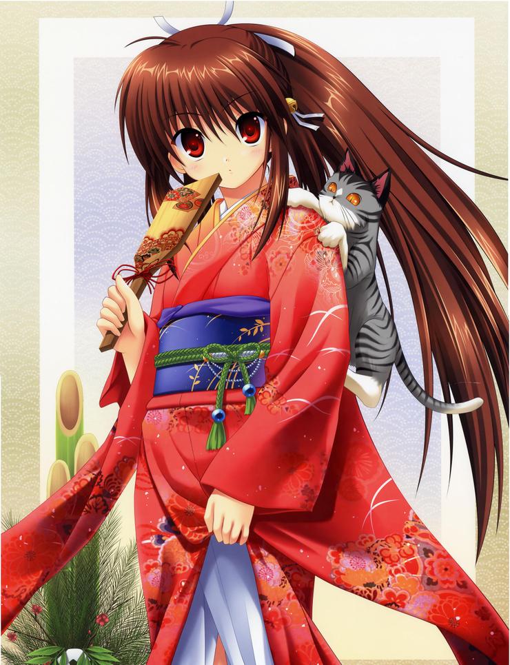 na-ga, natsume rin, little busters!, brown hair, cat, furisode, hand fan, japanese clothes, kimono, long hair, red eyes, solo
