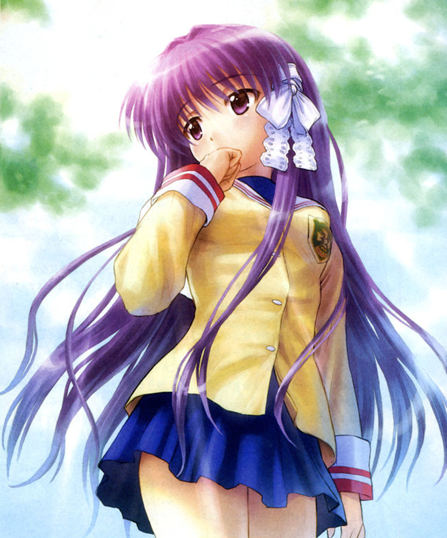 goto p, fujibayashi kyou, clannad, 00s, long hair, purple eyes, purple hair, school uniform, serafuku, solo, very long hair