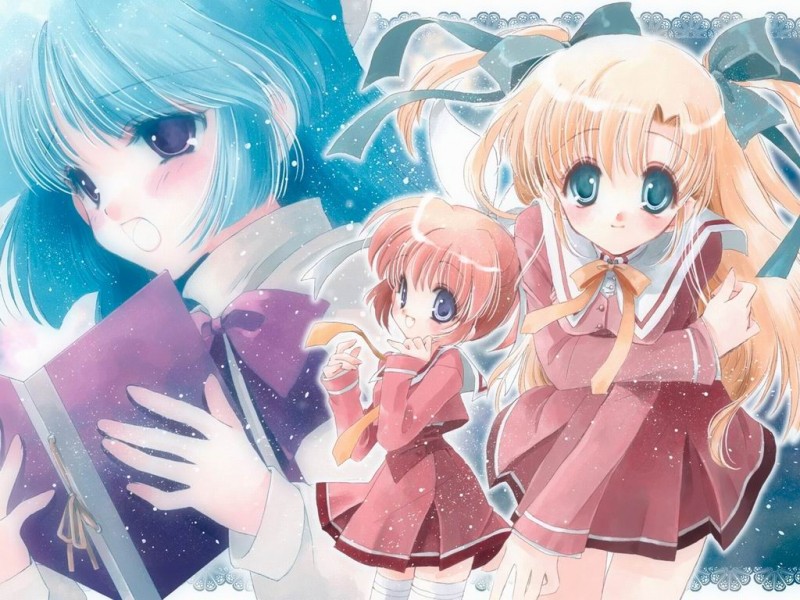 hagino kana, housen elis, misaki sumire, canvas (cocktail soft), canvas 2, 00s, blonde hair, blush, green hair, long hair, music, ribbon, school uniform, serafuku, singing
