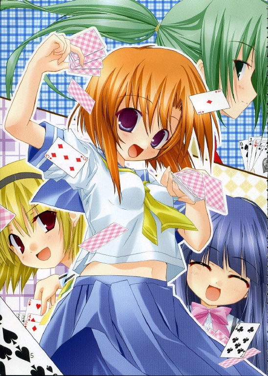 tororo (toriaezu), furude rika, houjou satoko, ryuuguu rena, sonozaki mion, higurashi no naku koro ni, non-web source, 00s, 4girls, arms up, blonde hair, blue eyes, blue hair, blunt bangs, blush, breasts, card, closed eyes, fang, floating card, floating hair, green eyes, green hair, hairband, head tilt, holding, holding card, long hair, looking at viewer, multiple girls, navel, neck ribbon, necktie, orange hair, playing games, ponytail, profile, red eyes, ribbon, school uniform, serafuku, short hair, small breasts, smile