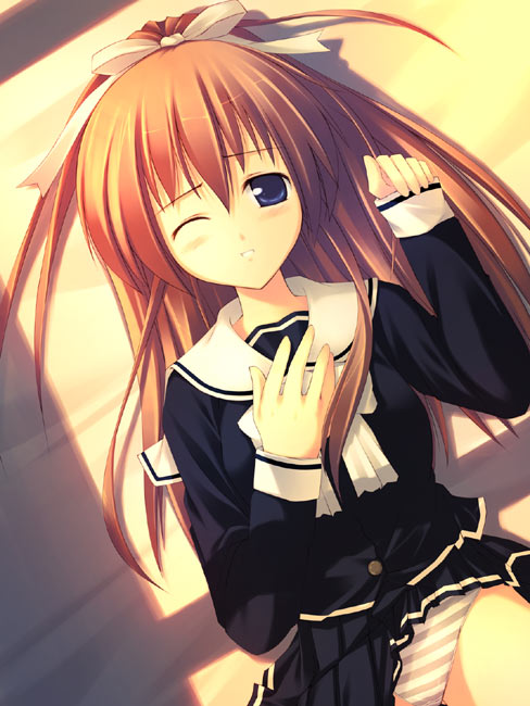 blush, one eye closed, panties, ribbon, school uniform, serafuku, smile, solo, striped clothes, striped panties, underwear, wink