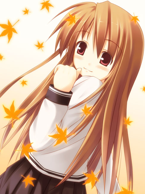 blush, brown hair, leaf, long hair, maple leaf, school uniform, serafuku, smile, solo