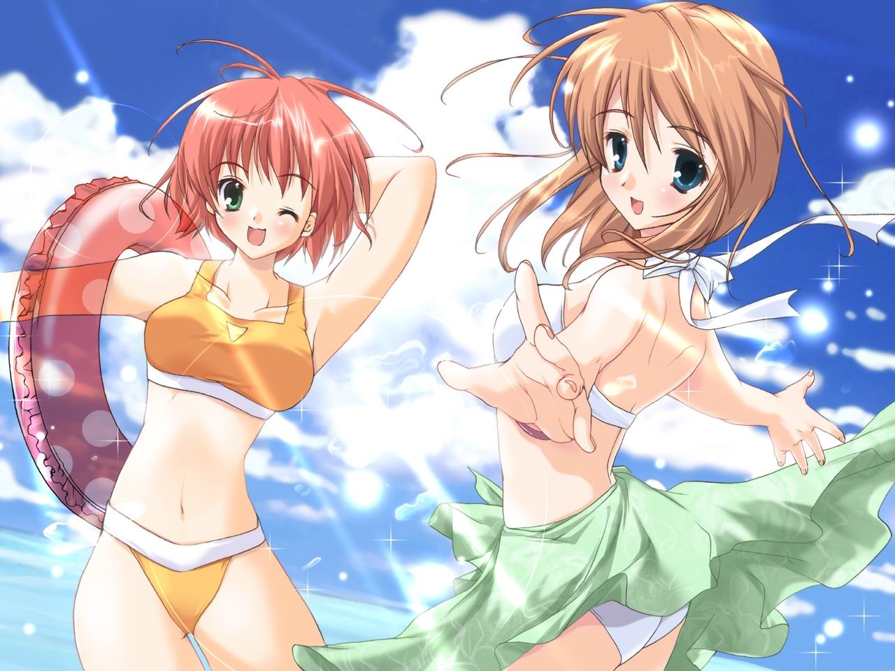 yuuki mitsuru, yukizakura himeno, yukizakura momiji, komorebi no namikimichi, 2girls, beach, bikini, cloud, day, innertube, multiple girls, one eye closed, outdoors, sarong, sky, smile, swim ring, swimsuit, wink