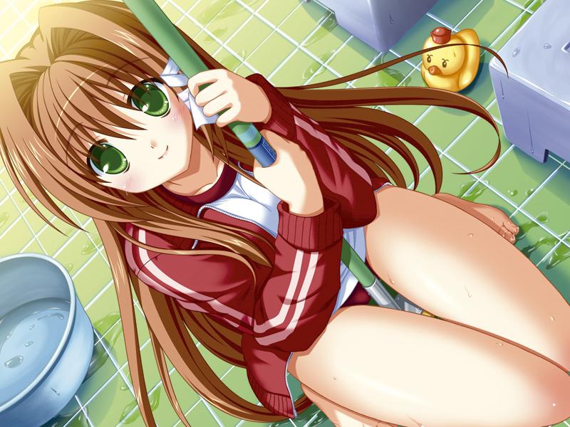 yuyi, inamori mahoshi, clover point, meteor (company), game cg, 1girl, barefoot, bath, bath stool, between legs, blush, broom, brown hair, bucket, cleaning brush, double vertical stripe, female focus, from above, green eyes, gym uniform, hair between eyes, hair intakes, hair ribbon, holding, indoors, jacket, kneeling, long hair, looking at viewer, looking up, open clothes, open jacket, pool, ribbon, rubber duck, school uniform, serafuku, shirt, smile, solo, stool, thigh gap, tile floor, tiles, tress ribbon, unzipped, very long hair, washbowl, water