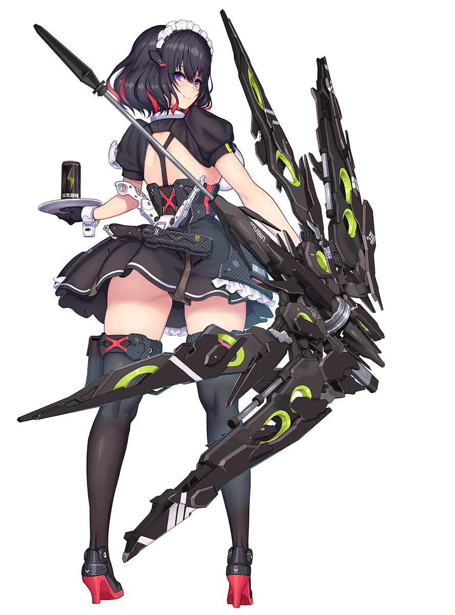 nidy, javelin (nidy), original, highres, 1girl, ass, black gloves, black hair, black skirt, black thighhighs, bow (weapon), breasts, can, closed mouth, feet out of frame, from behind, full body, gloves, hair between eyes, high heels, holding, holding tray, large breasts, looking at viewer, looking back, maid headdress, miniskirt, multicolored hair, puffy short sleeves, puffy sleeves, purple eyes, red hair, scabbard, sheath, short hair, short sleeves, skirt, smile, solo, thighhighs, tray, two-tone hair, weapon, white background