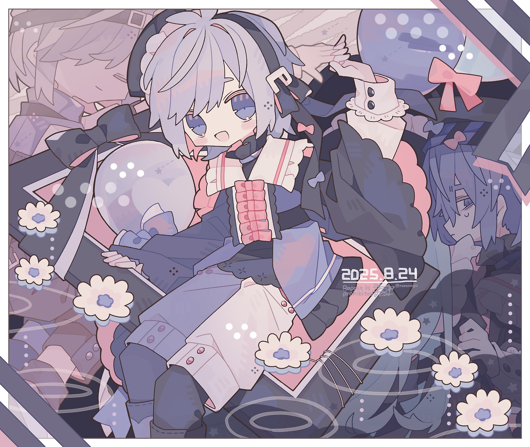 rororoyu, original, commentary request, highres, 3others, androgynous, arms behind back, balloon, black jacket, black pantyhose, blue eyes, blue hair, border, bow, closed eyes, dated, grey hair, hair bow, jacket, long sleeves, looking at viewer, multiple hair bows, multiple others, open mouth, pantyhose, pantyhose under shorts, picture frame, pink bow, ripples, shirt, short hair, shorts, smile, watermark, white border, white shirt, wide sleeves