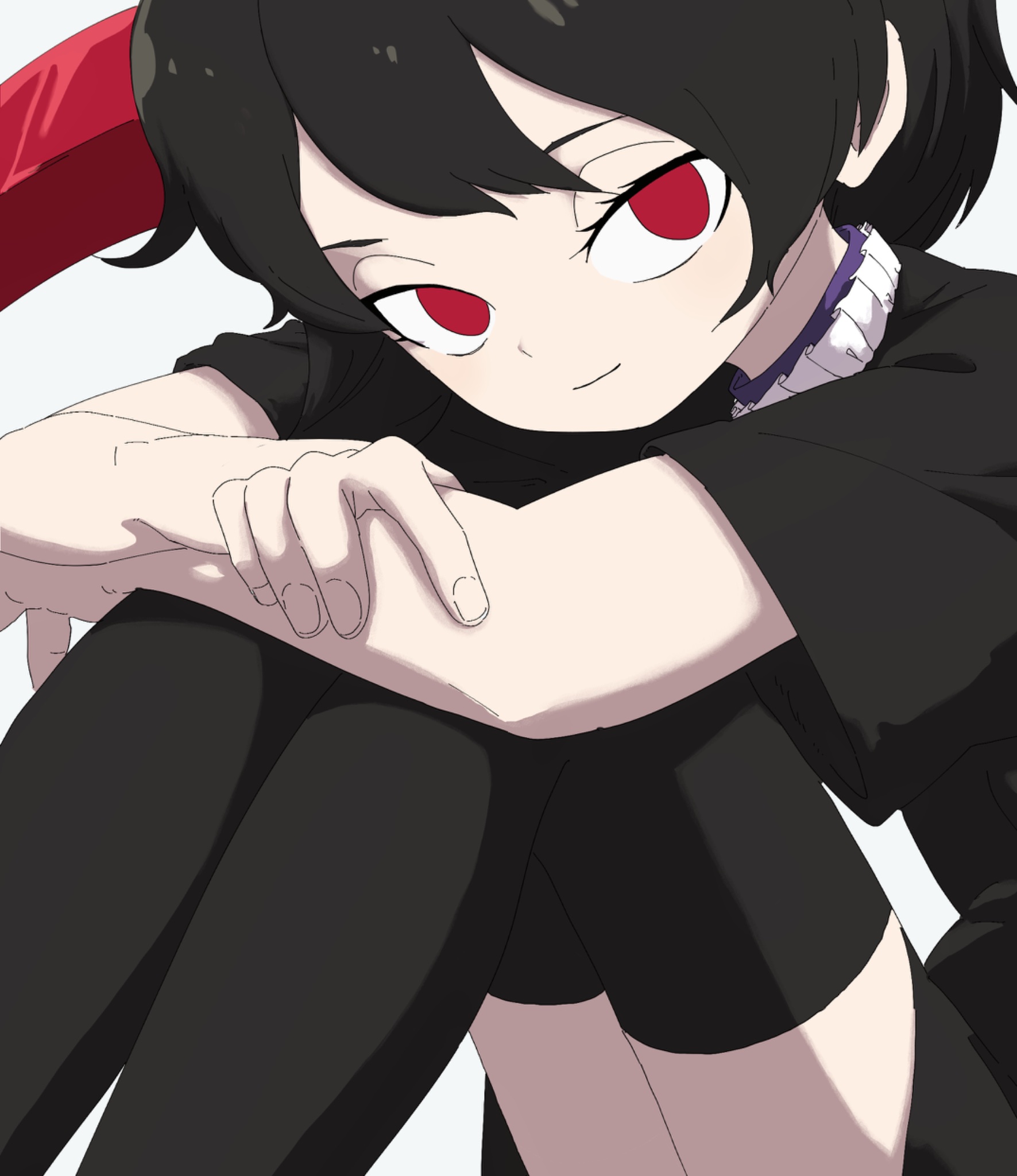 uzou (uzooooooooo), houjuu nue, touhou, highres, 1girl, arms on knees, black dress, black hair, black thighhighs, closed mouth, collar, dress, frilled collar, frills, hugging own legs, medium hair, red eyes, red wings, shirt, short sleeves, solo, thighhighs, wings