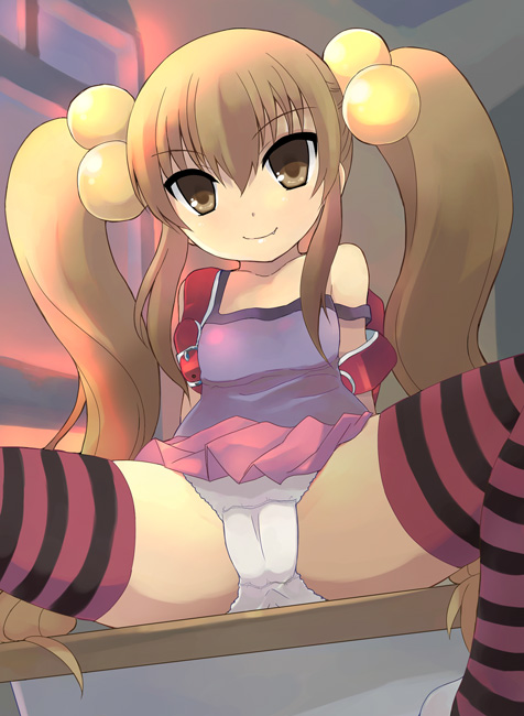 otoutogimi, kokonoe rin, kodomo no jikan, 00s, backpack, bag, hair bobbles, hair ornament, loli, panties, randoseru, skirt, striped clothes, striped thighhighs, thighhighs, twintails, underwear