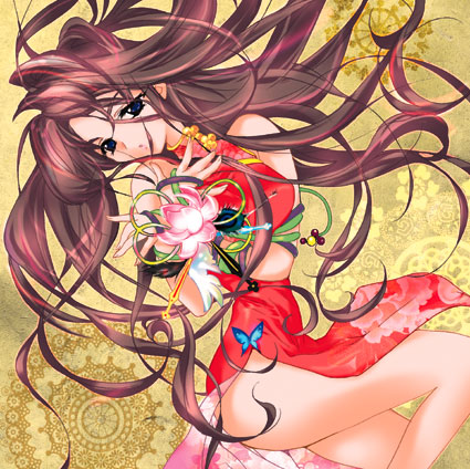 lowres, blue eyes, brown hair, china dress, chinese clothes, dress, flower, long hair, solo