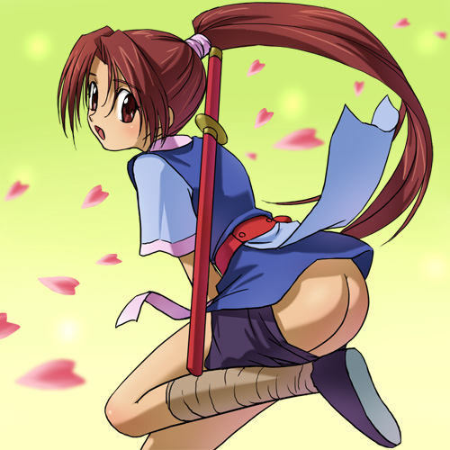 haruyama kazunori, sakura (ninja mono), ninja mono, lowres, 1990s (style), 1girl, ass, brown eyes, brown hair, cherry blossoms, clothes pull, female focus, japanese clothes, katana, kimono, leg wrap, ninja, no panties, ponytail, retro artstyle, sheath, shorts, shorts pull, solo, sword, weapon