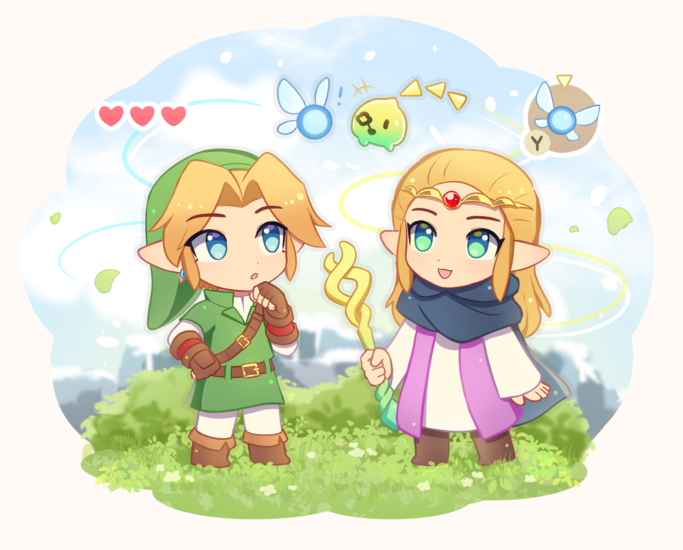 enni, link, navi, princess zelda, tri (zelda), nintendo, the legend of zelda, the legend of zelda: echoes of wisdom, the legend of zelda: ocarina of time, commentary, english commentary, highres, 1boy, 1girl, :o, black cape, blonde hair, blue eyes, boots, brown boots, cape, circlet, creature, fairy, green hat, green tunic, hat, holding, holding staff, jewelry, long hair, pointy ears, short hair, smile, staff, tunic