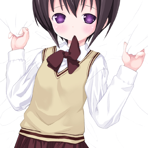 kiira, kawazoe tamaki, bamboo blade, 00s, 1girl, black hair, bow, bowtie, cowboy shot, female focus, long sleeves, looking at viewer, mouth hold, purple eyes, red bow, red bowtie, red skirt, school uniform, serafuku, short hair, simple background, skirt, solo, sweater vest, upper body, white background