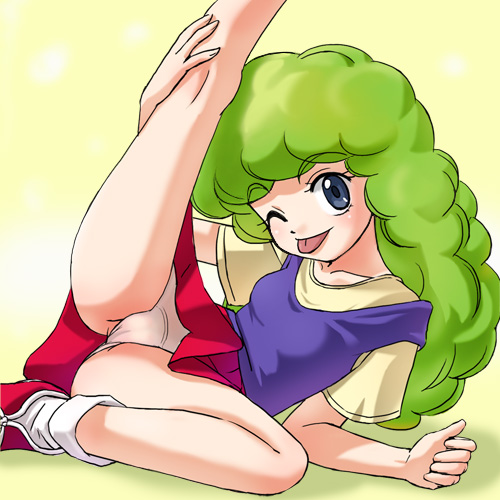 haruyama kazunori, linda skylark, gu gu ganmo, 1980s (style), lowres, 1girl, :p, ;p, blue eyes, curly hair, female focus, green hair, oldschool, one eye closed, panties, pantyshot, retro artstyle, solo, tongue, tongue out, underwear, wink