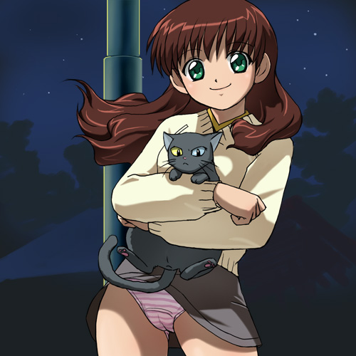haruyama kazunori, kaaya (gakkou no kaidan), miyanoshita satsuki, gakkou no kaidan (anime), lowres, 00s, 1girl, cameltoe, cat, female focus, loli, long hair, panties, pantyshot, smile, solo, striped clothes, striped panties, underwear