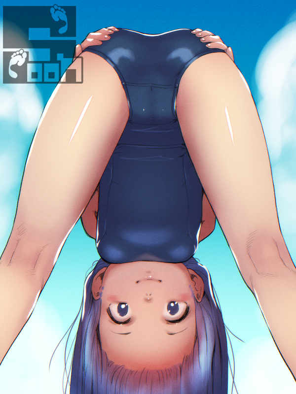 soon (c-u-soon), original, 1girl, ass, blue eyes, blue hair, breasts, closed mouth, looking through own legs, one-piece swimsuit, school swimsuit, small breasts, smile, solo, swimsuit