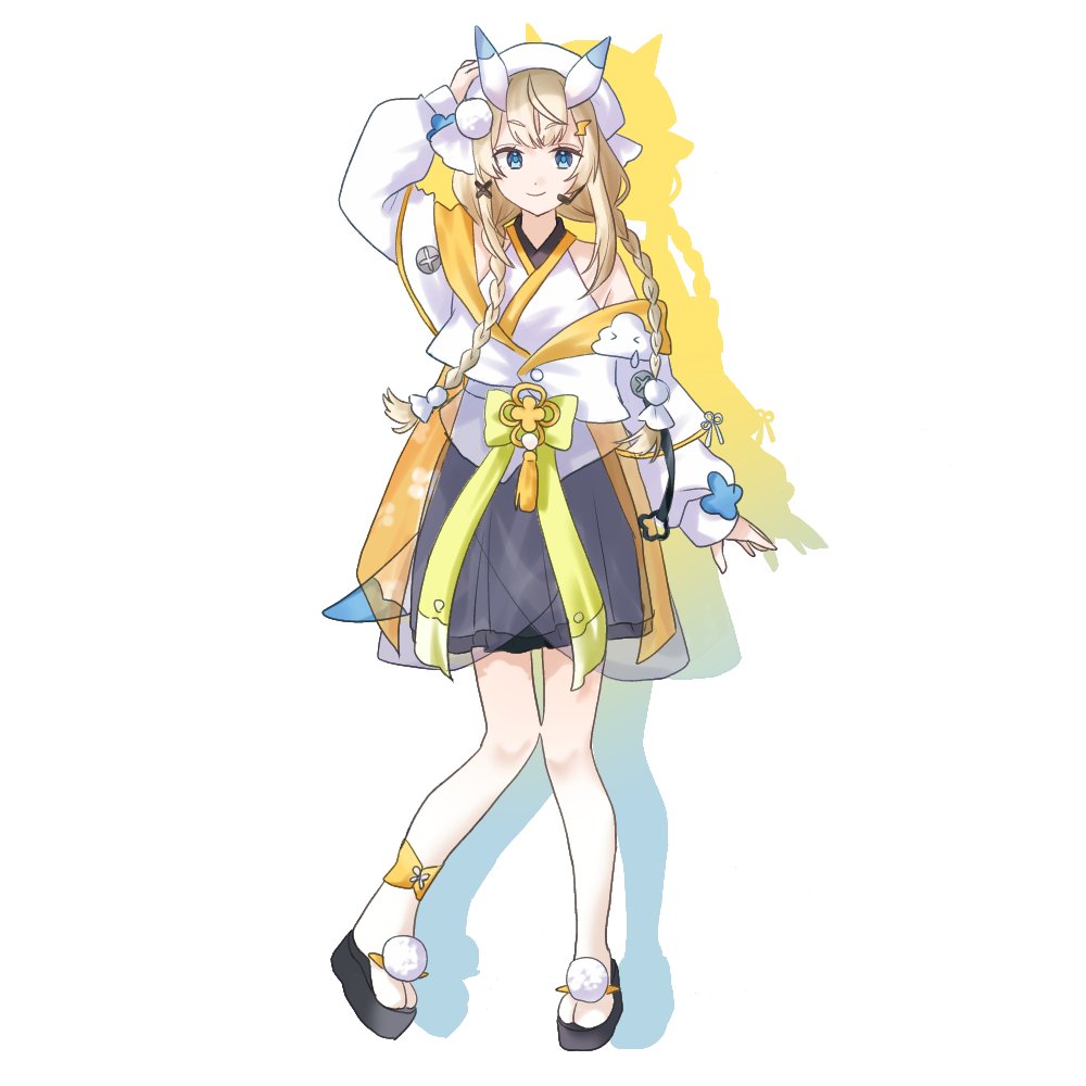kadou mikaru, nijisanji, 1girl, ankleband, arm up, bare shoulders, black skirt, blonde hair, blue eyes, blue horns, blue tail, bow, braid, closed mouth, coat, coat partially removed, drop shadow, flower knot, footwear bow, full body, gradient pantyhose, hair ornament, hair over shoulder, hakama, hakama skirt, hand on headwear, hat, headset, horns, japanese clothes, kimono, layered sleeves, lightning bolt, lightning bolt hair ornament, lightning bolt symbol, long sleeves, looking at viewer, low twin braids, miniskirt, multicolored horns, okobo, pantyhose, platform sandals, pom pom (clothes), pom pom footwear, pom pom hair ornament, puffy long sleeves, puffy sleeves, ribbon, sakumoch 24, sandals, screw, see-through clothes, short over long sleeves, short sleeves, sidelocks, simple background, skirt, smile, solo, standing, standing on one leg, teruterubouzu, twin braids, two-tone horns, two-tone tail, virtual youtuber, white background, white coat, white hat, white horns, white kimono, white pantyhose, white tail, x hair ornament, yellow bow, yellow ribbon, yellow trim
