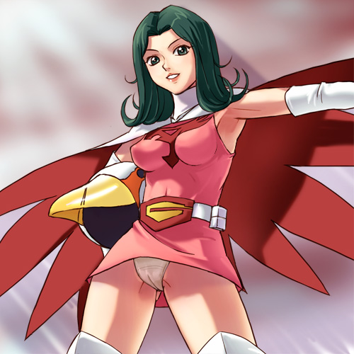 haruyama kazunori, jun the swan, gatchaman, tatsunoko production, lowres, 1girl, armpits, belt, breasts, cameltoe, cape, dress, elbow gloves, female focus, gloves, green eyes, green hair, helmet, lips, long hair, matching hair/eyes, panties, pantyshot, skin tight, solo, thighhighs, underwear, upskirt, zettai ryouiki