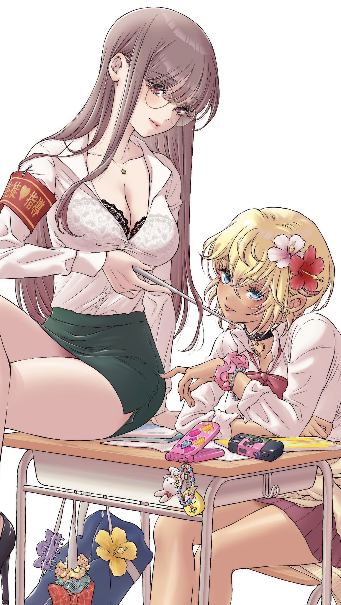 iwami kiyoko, original, commentary request, highres, 2girls, armband, bag, black bra, black choker, blonde hair, blue eyes, bow, bowtie, bra, bra visible through clothes, bracelet, breasts, brown eyes, brown hair, camera, cellphone, cellphone charm, charm (object), choker, cleavage, closed mouth, collarbone, crossed bangs, desk, flower, glasses, grey skirt, gyaru, hair between eyes, hair flower, hair ornament, heart, heart choker, holding, holding pointer, jewelry, kogal, long bangs, long hair, long sleeves, medium hair, miniskirt, multiple girls, necklace, notebook, on desk, pearl bracelet, pencil skirt, phone, pink flower, pink scrunchie, pointer, rabbit charm, red armband, red bow, red bowtie, red flower, red skirt, round eyewear, school bag, school desk, scrunchie, see-through clothes, see-through shirt, shirt, shirt tucked in, simple background, sitting, skirt, star (symbol), star necklace, straight hair, swept bangs, tongue, tongue out, underwear, white background, white shirt, wrist scrunchie, yellow flower, yuri