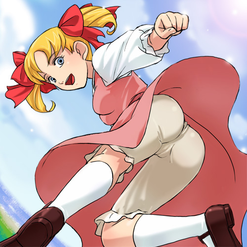 haruyama kazunori, wendy darling, peter pan no bouken, lowres, 1990s (style), 1girl, ass, blonde hair, bloomers, blue eyes, brown shoes, cameltoe, day, female focus, hair ribbon, looking at viewer, looking back, outdoors, retro artstyle, ribbon, shoes, short twintails, socks, solo, twintails, underwear, upskirt, white bloomers, white socks