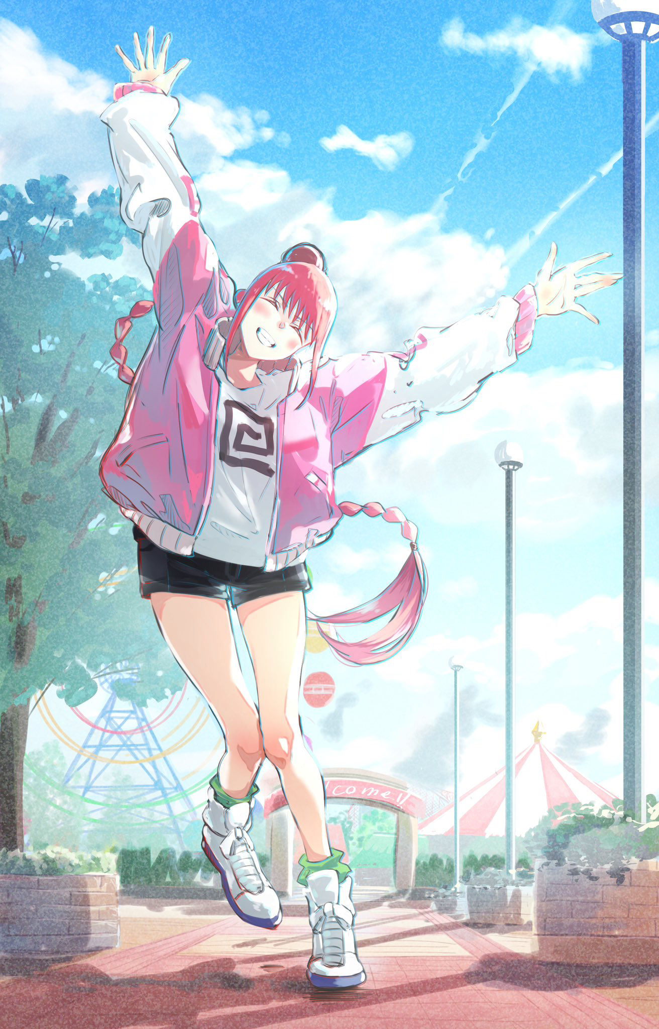l-phy, lu xiaotang, sakamoto days, highres, 1girl, amusement park, arms up, black shorts, braid, braided ponytail, clenched teeth, closed eyes, cloud, day, floating hair, full body, green socks, hair bun, head tilt, jacket, lamppost, long hair, long sleeves, open clothes, open jacket, outdoors, outstretched arms, pink jacket, red hair, shirt, shoes, short shorts, shorts, sky, smile, socks, solo, standing, standing on one leg, teeth, thighs, tree, white shirt, white shoes