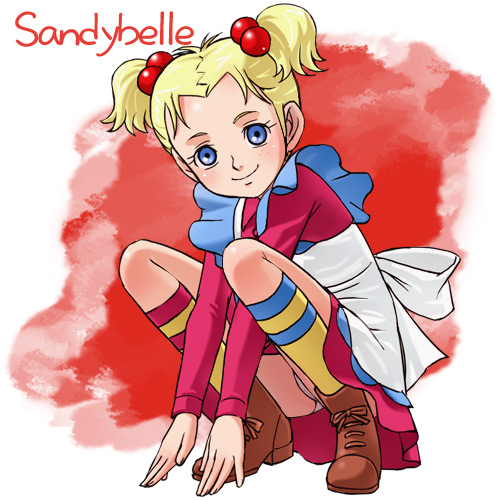 haruyama kazunori, sandybell christie, hello! sandybell, 1980s (style), lowres, 1girl, apron, blonde hair, blue eyes, blush, boots, female focus, hair bobbles, hair ornament, kneehighs, oldschool, panties, pantyshot, retro artstyle, short hair, short twintails, smile, socks, solo, squatting, twintails, underwear, white panties