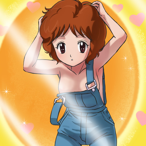 haruyama kazunori, morimura aiko, ohayou! spank, lowres, naked overalls, overalls, solo, strap slip