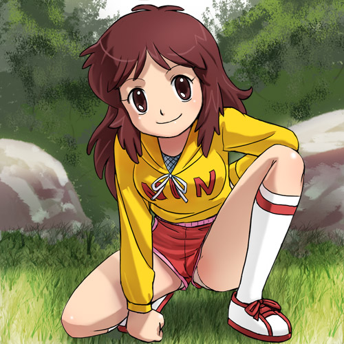 haruyama kazunori, ageha (ninjaman ippei), ninjaman ippei, 1980s (style), lowres, 1girl, breasts, brown eyes, brown hair, cameltoe, female focus, grass, kneehighs, kneeling, long hair, oldschool, on one knee, panties, retro artstyle, shorts, smile, socks, solo, spread legs, squatting, underwear, upshorts