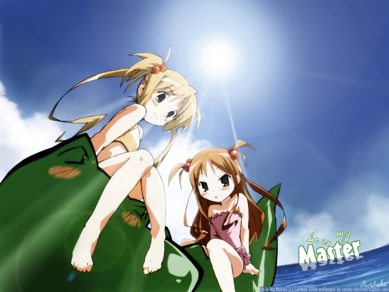 pochi (kore ga watashi no goshujin-sama), sawatari karin, sawatari mitsuki, gainax, kore ga watashi no goshujin-sama, 00s, 2006, 2girls, barefoot, blonde hair, blush, casual one-piece swimsuit, cloud, company name, copyright name, crocodile, crocodilian, day, dot nose, feet, knees together feet apart, light rays, multiple girls, ocean, one-piece swimsuit, outdoors, pink one-piece swimsuit, sitting on animal, sky, smile, sunbeam, sunlight, swimsuit, twintails, two side up, water