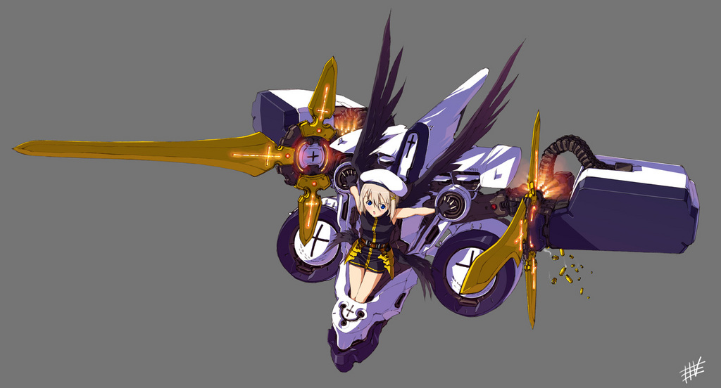wadatsumi garland, schwertkreuz, yagami hayate, lyrical nanoha, mahou shoujo lyrical nanoha, mahou shoujo lyrical nanoha a's, 00s, 1girl, black wings, blonde hair, blue eyes, female focus, hair ornament, hat, mecha, robot, solo, unison (nanoha), weapon, wings, x hair ornament