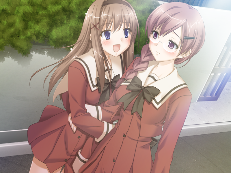 kani biimu, kitajima kaede, kitajima sara, fuguriya, sono hanabira ni kuchizuke wo, game cg, 2girls, blue eyes, braid, brown hair, cousins, glasses, hair ornament, hairclip, multiple girls, open mouth, purple eyes, school uniform, serafuku, yuri
