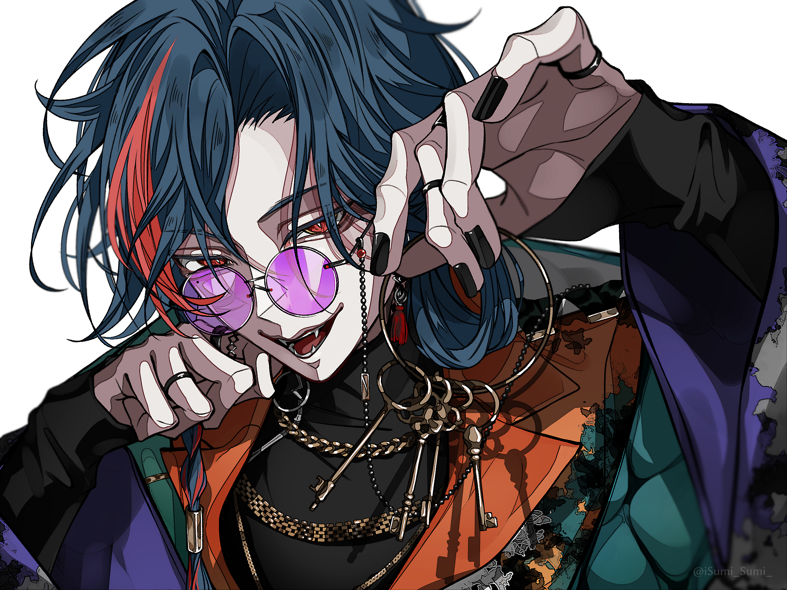 isumisumi, kaisei (1st costume) (nijisanji), kaisei (nijisanji), nijisanji, commentary, highres, symbol-only commentary, 1boy, black nails, black shirt, blue jacket, blue tongue, clenched hand, colored tongue, fangs, green jacket, holding, holding key, jacket, jewelry, key, keyring, long sleeves, looking at viewer, male focus, multicolored hair, multicolored jacket, multiple necklaces, multiple rings, nail polish, open mouth, orange jacket, red eyes, red hair, ring, shirt, simple background, smile, solo, streaked hair, upper body, virtual youtuber, white background