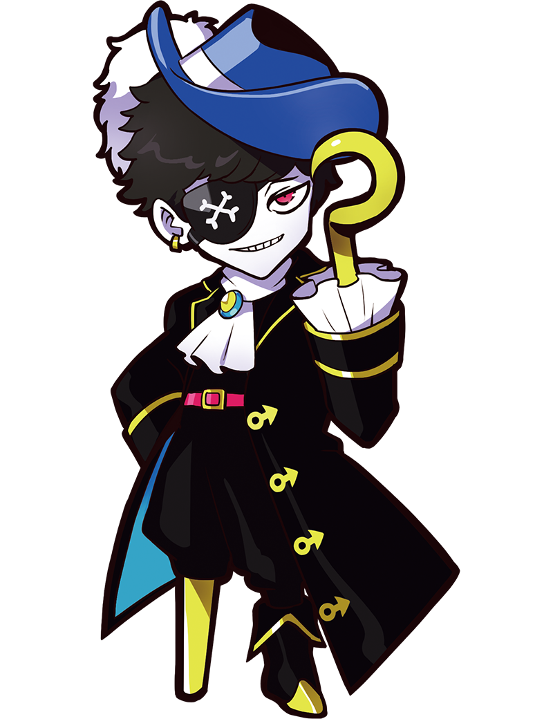 puppeteer7777, mondo (crazy raccoon), crazy raccoon, official art, second-party source, 1boy, anime coloring, ankle boots, ascot, belt, black boots, black hair, black pantyhose, black shirt, black sleeve cuffs, black sleeves, black theme, blue hat, bone print, boots, brooch, cape, capri pants, earrings, eyepatch, facing viewer, feather hair ornament, feathers, frilled sleeves, frills, full body, gem, gold earrings, grin, hair ornament, hands on own hips, hat, hook hand, jewelry, lapels, legs apart, looking at viewer, male focus, notched lapels, pants, pantyhose, peg leg, pirate, pirate costume, pirate hat, print eyepatch, red belt, red eyes, shirt, short hair, single boot, sleeve cuffs, smile, solo, standing, tachi-e, teeth, thick lineart, tilted headwear, transparent background, tsurime, two-sided cape, two-sided fabric, unbuttoned, white ascot, yellow gemstone, yellow trim
